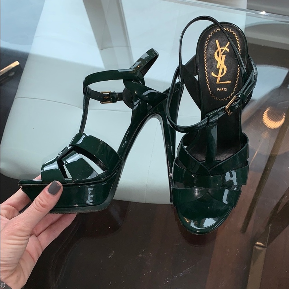 YSL Tribute Sandal 37.5 Dark Green Barely Used